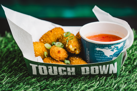 MacNCheese Bites (Crop) Smoked gouda bites with house chili sauce and scallions.