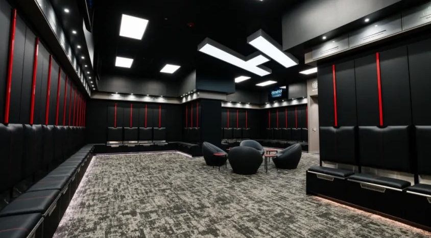 Modern Hendrick Motorsports locker room with black lockers, cushioned bench seating, lounge chairs, and contemporary lighting.